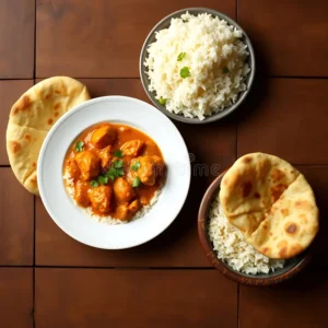 A plate of butter chicken with naan and rice on a wooden table.