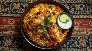  A vibrant plate of chicken biryani garnished with fresh coriander.